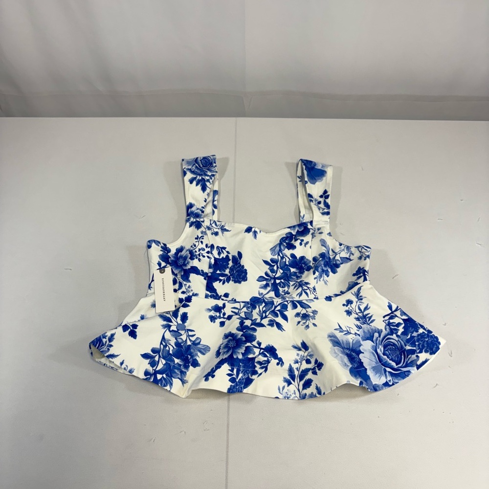 Anthropologie Maeve Square-Neck Peplum Tank Top// Blue Pattern - Picture 9 of 11